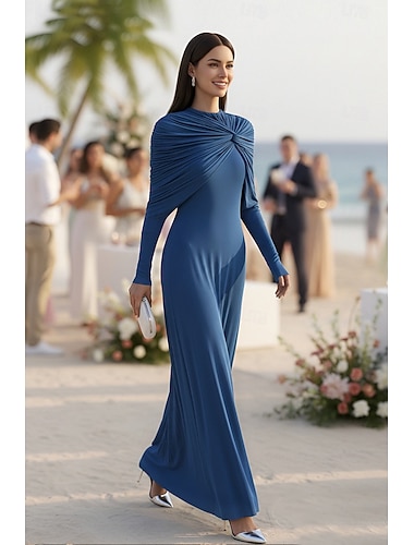  Linjeform Gulvlengde Gjestekjole til bryllup Aftenkjole Gjestekjoler til bryllup Elegant Langermet V-hals Formell med Bølgemønster