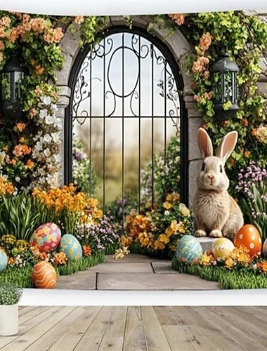  Ostergarten-Wandteppich, Hase an einem Torbogen mit Blumenranken und bunten Eiern, Frühlings-Wanddekoration, perfekt für Ostergarten und -haus