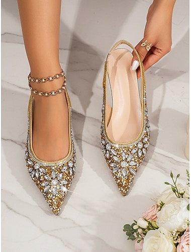  Damesko med slingback og gullkrystaller, elegante brudesko med spiss tå til moderne bybryllup