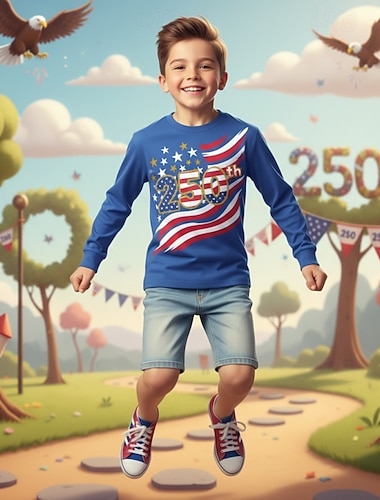  Ragazzi 3D Grafico Bandiera 250° anniversario Maglietta Manica Lunga Stampa 3D Primavera Autunno Sport Moda Streetwear Bambini 4-12 Anni Girocollo Casuale Quotidiano All'aperto Vestibilità regolare