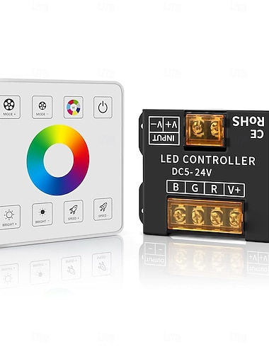  Variateur mural sans fil RF 2,4 GHz pour rubans LED, compatible avec les rubans LED monochromes et bicolores RGB, RGBW et RGBCCT. Alimentation : 5-24 V CC, 10-50 A. Contrôleur de gradation monocanal.