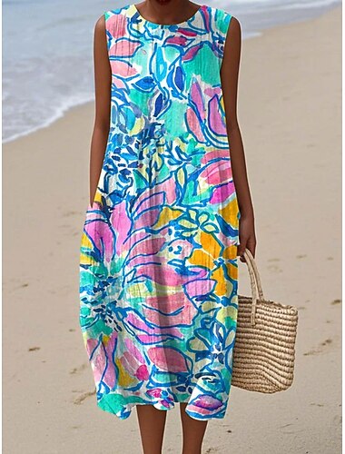 Dames Midi Jurk Lijnachtig Zomerjurk Shift Jurk A-lijn Jurk Vakantie Casual Boho Strand Feest Uitgaan Losse Pasvorm Bloemen Graphic Mouwloos Ronde Hals Blauw Roze Donkerblauw Zomer Lente