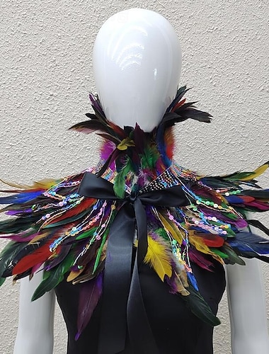  Karneval 2026 Rio Karneval Samba Tilbehør Kvinne Regnbuefjær Kappe med Paljetter Fargerik Fjær Sjall med Båndbånd Brasil Festivalopplevelse Kostyme