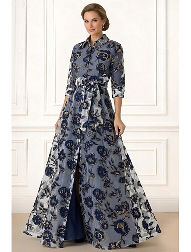  A-Linie Bodenlang Hemdblusenkleid Kleid für Hochzeitsgäste Abendkleid Brautmutterkleid Dreiviertelarm Hemdkragen Elegant Einfach Formell Organza Jacquard mit Schleife(n)