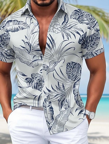  Herren Palmblatt Tropische Pflanzen Satinhemd Hawaiihemden Alohahemd Kurzarm Hawaiianisch Täglich Urlaub Sommer Frühling Umlegekragen 3D-Druck Hemden mit Knopfleiste Blau Purpur Grün Hell Gray