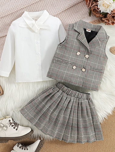  Ritorno a scuola Carnevale Ragazze 3D Pied-de-poule Camicia e gonna Manica Lunga Autunno Inverno Vintage Moda Bambino (1-4 anni) 1-5 anni A V Feste Streetwear Vestibilità comoda