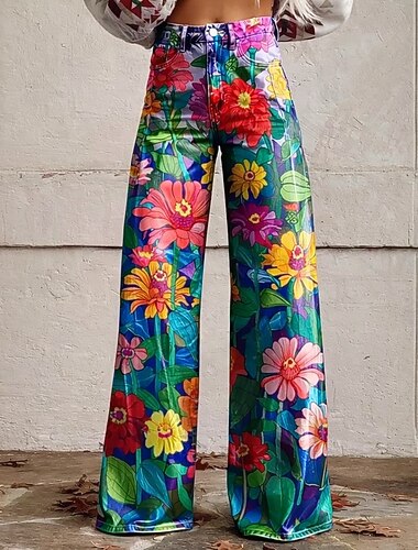  Rétro Vintage Boho Années 1970 Pantalon Pantalon à jambes larges Hippie Disco Taille haute Fleuri Style faux jean Déguisement Femmes Halloween Carnaval Festival de Musique Défilé de la Fierté Soirée