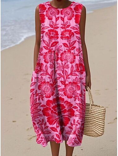  Kvinnenes Midi Kjole Lin Lignende Sommerkjole Skift Kjole A Linje Kjole Ferie Uformell Boho Strand Fest Utendørs Løs Passform Blomster Grafisk Uten Ermer Crewneck Blå Rosa Mørk Blå Sommer Vår