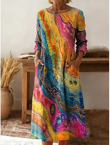  Damen Midikleid Etui-Kleid T-Shirt-Kleid Urlaub Lässig Boho Ferien Date Normale Passform Grafik Geometrisch Abstrakt Langarm Rundhalsausschnitt Gelb Rosa Orange Sommer Frühling