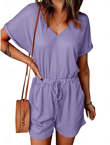  Damen Normal Strampler Aktiv Einfarbig Kurzarm Baggy-Shorts V Ausschnitt Tasche Mit Gürtel Täglich Urlaub Normale Passform Wein Marineblau Purpur Sommer