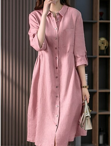  Dames Halflange jurk A lijn jurk Casual Dagelijks Normale pasvorm Effen 3/4 mouw Revers Blozend Roze Groen Zomer Lente Herfst