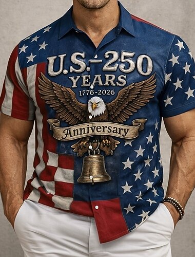  Herren 250. Jahrestag des Unabhängigkeitstages der USA am 4. Juli Adler US Flagge Hemd Knopfhemd Kurzarm Patriotisch Outdoor Ferien Sommer Frühling Umlegekragen 3D-Druck Hemden mit Kragen Blau Blau 1#