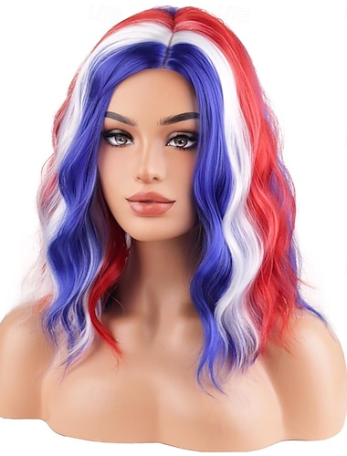  Perruques du 4 juillet pour femmes courte bouclée ondulée rouge blanc bleu et perruque ondulée mixte résistante à la chaleur pour cosplay fête d'indépendance
