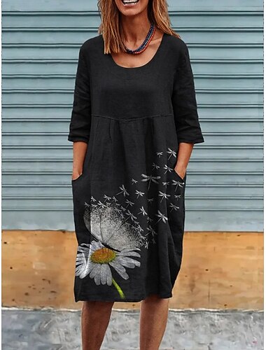  Vestido Mini Feminino Linho Vestido de Verão Vestido Casual Boho Diário Férias Saída Solto Floral Gráfico Manga Curta Decote Redondo Azul Preto Cinza Claro Verão Primavera