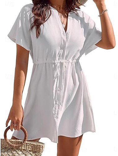  Femmes Mini Robe Robe Blanche Robe de Plage Robe noire Vêtement couvrant Élégant Mode Classique Quotidien Extérieur Plage Coupe régulière Uni Manche Courte Col en V Noir Blanche Abricot Été Printemps