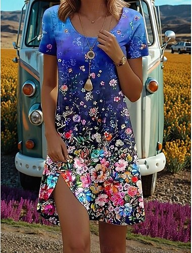  Damen Minikleid Sommerkleid T-Shirt-Kleid A Linie Kleid Urlaub Lässig Täglich Strand Ferien Normale Passform Blumen Grafik Halbarm Rundhalsausschnitt Blau Schwarz Orange Grün Sommer