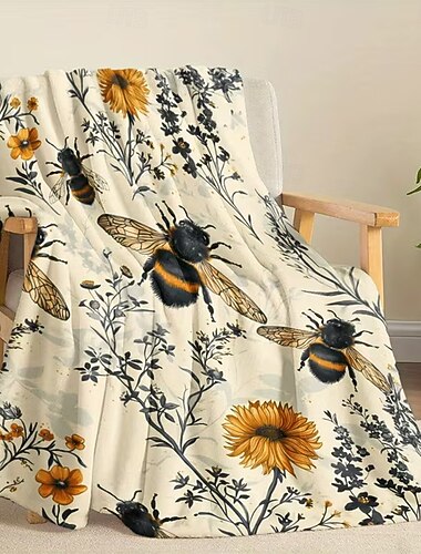  Vintage- und Blumen-Wohndecke, botanische Wildblumen-Fleecedecke für Sofa und Couch, weich und warm, mit Honigbienen-Dekor, für Bettwäsche