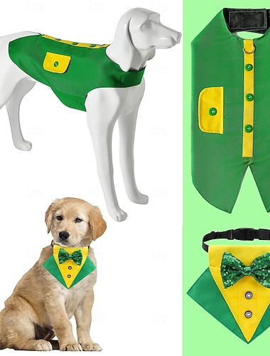  Ensemble 2 pièces pour chien, smoking et collier verts pour la Saint-Patrick : grand chien, bandana, collier avec nœud papillon, gilet irlandais pour petit chien, idéal pour les fêtes et déguisements.