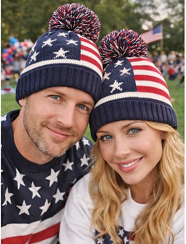  Verenigde Staten 250e Jubileum Unisex Patriottische Gebreide Beanie Hoed met Pompon Sterren  Stripes Amerikaanse Vlag Ontwerp Zachte Winter Gebreide Cap Casual Festival Stijl