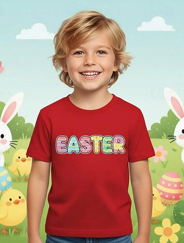  100% katoenen paas-T-shirt/blouse voor jongens in blauw, zwart en wit met grafische letters, ronde hals, korte mouwen, geschikt voor buiten, dagelijks gebruik, mode, streetwear, designerprint, zomer