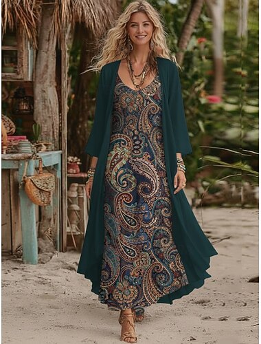  Dames Jurk Set A lijn jurk Vakantie Boho Grafisch Paisley Meerlaags Afdrukken Maxi-jurk 3/4 mouw V-hals Dagelijks Strand Donker Roze Licht Bruin Donkerblauw Zomer Lente Normale pasvorm
