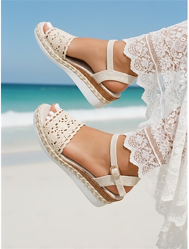  Beige gehaakte sandalen met sleehak voor dames – bohemian espadrille-platform met enkelbandje voor zomervakanties, strandwandelingen en casual uitjes