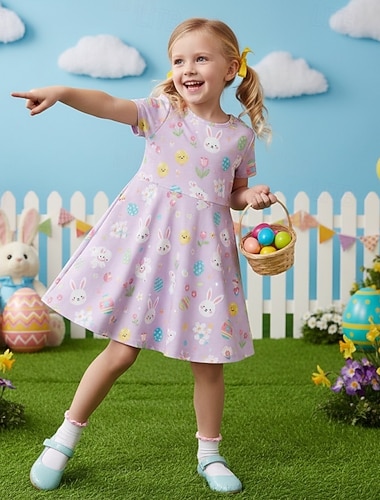  Påsk Flickor 3D Grafisk Kanin Klänning Kortärmad 3D-tryck Sommar Vår Dagligen Semester Fest söt stil Grundläggande Ledigt Barn 4-12 år Vardagsklänning A linjeklänning Knälång Normal