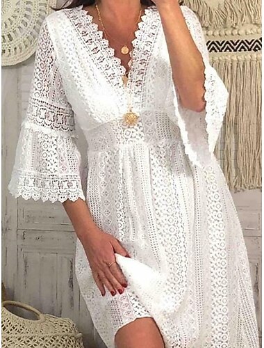  Damen Knielanges Kleid Weißes Kleid Spitzenkleid Elegant Vintage Mode Trompetenärmel Täglich Outdoor Strand Normale Passform Einfach Dreiviertelarm V Ausschnitt Weiß Aprikose Sommer Frühling