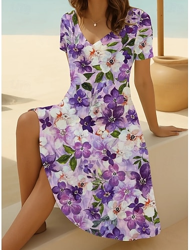  Pâques Femmes Robe Midi Robe d'Été Robe T-Shirt Robe trapèze Vacances Occasionnel Boho Plage Sortir Coupe régulière Fleuri Graphique Manche Courte Col en V Violet Claire Violet Été Printemps