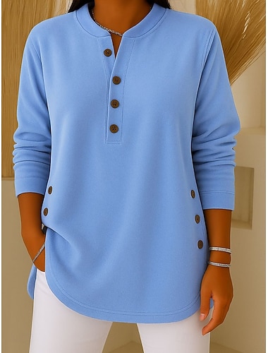  Damen T Shirt T-Shirt Knöpfe Einfach Elegant Mode Klassisch Langarm V Ausschnitt Normale Oberteile Täglich Ausgehen Wochenende Schwarz Weiß Rosa Marineblau Grau Frühling Herbst