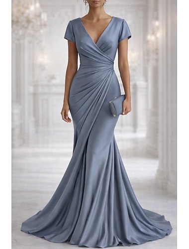  בתולת ים  חצוצרה עד הריצפה שמלות ערב אלגנטית שרוולים קצרים צווארון V חתונה רשמי סאטן נמתח גב בדוגמת דרפה עם קפלים