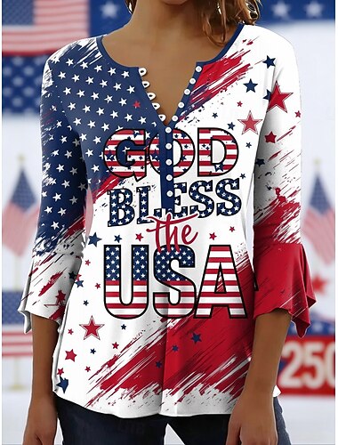  Bluzka patriotyczna dla kobiet na Dzień Niepodległości z graficznym nadrukiem flagi elegancka stylowa rękaw długości 3/4 okrągły dekolt regularny krój codzienne na wyjście falbany guziki biała