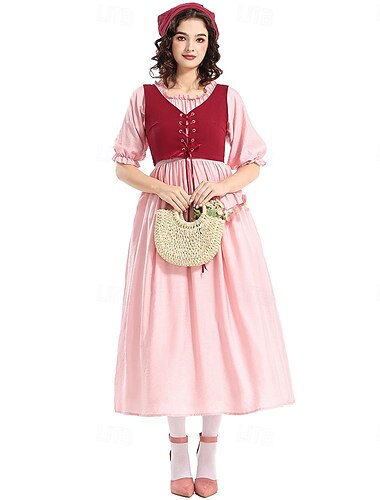  250e anniversaire des États-Unis 19ème siècle années 1800 Robe Prairie Ensemble bonnet et tablier Manches courtes Fille pionnière Epoque Coloniale Pionnier Guerre d'indépendance américaine Déguisement