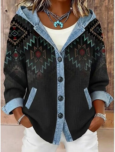  Dame Uformell jakke Hettegenser Hold Varm Bekvem Glidelås Lomme Knapper Fritid Geometrisk utendørs Feriereise Dagligdagstøy Ut på byen Normal Med hette Løstsittende Langermet Yttertøy Svart Høst