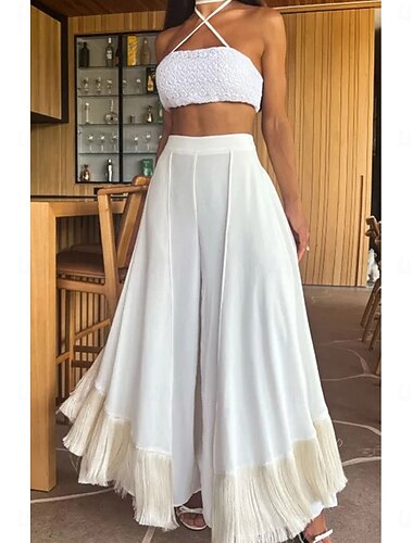  Dames Bell Bottom Chinese Palazzo-broek Elegant Vakantie Vintage Kuitlengte Middelhoge taille Effen Kleur Kwastje Lapwerk Zak Comfortabel Ademend Inelastisch Dagelijks Huis Buiten Abrikoos Zwart Wit