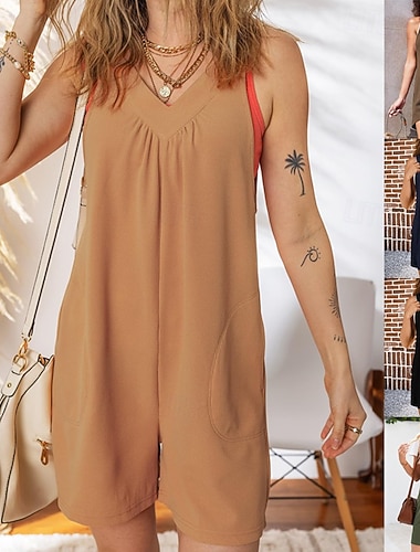  Damen Normal Strampler Aktiv Einfarbig Ärmellos V Ausschnitt Tasche Täglich Urlaub Normale Passform Schwarz Armeegrün Marineblau Sommer