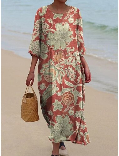  Robe Maxi Femme Lin Comme Respirante Légère Robe De Plage Robe Shift Robe A Ligne Robe D'Été Vacances Décontractée Boho Quotidien Plage Manches 3/4 Col Rond Bateau