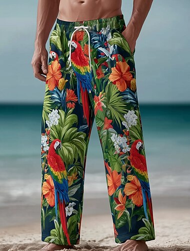  Homens Estampa floral Flores tropicais Papagaio Calças Calça casual Calças largas Cintura Média Havaiana Ao ar livre Férias Roupa de Praia Cintura elástica com cordão Calças de linho com bolsos Verão
