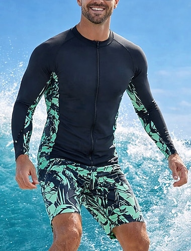  Miesten Ihottumissuoja Uimapuku 2-osainen Trooppinen Polvipituinen jalka UV suoja Nopea kuivuminen Elastinen Pitkähihainen Uima-asut Uimapuku Lainelautailu Sukellus Hiekkaranta Kesä