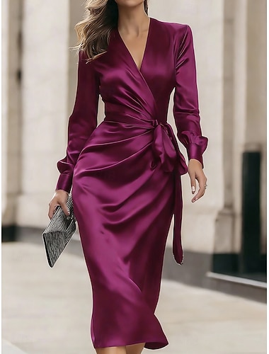  Női Midi ruha Szatén ruha Party ruha Elegáns Divat Modern Szabadtéri Vakáció Parti Normál Sima Hosszú ujj V-alakú Bíbor Nyár Tavasz Ősz
