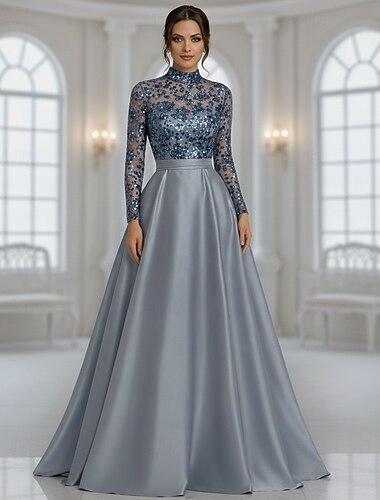  A-Linie Bodenlang Perlenbestickt Abendkleid Kleid der Brautmutter Abendkleid Festliche Kleidung Elegant Glitzernd Langarm Hoher Ausschnitt Hochzeit Formell Tasche Satin Paillettenbesetzt mit Glitzer