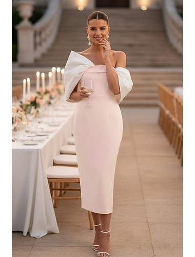  Szűk szabású Midi Báli ruha Party ruha Koktélruha Báli ruhák Elegáns Ujjatlan Aszimmetrikus Diákbál Kerti parti Stretch Crepe val vel Csokor