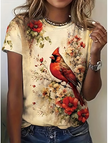  Dame T skjorte Trykt mønster Grafisk Dyr Planter Årgang Stilfull Klassisk Kortermet Crew-hals Rund hals Vanlige topper Daglig Helg Blå Hvit Aprikos Sommer Vår Høst Vinter