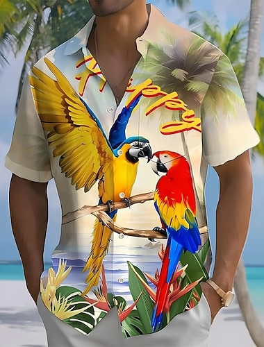  Pánské Papoušek Tropické rostliny Květiny Havajská košile Košile na knoflíky Aloha košile Krátký rukáv Havajské Dovolená Léto Jaro Přehnutý 3D tisk košile s límečkem Jedna přední kapsa Vodní modr