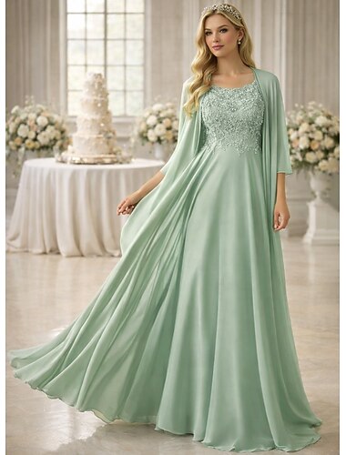  Tweedelig Jurk pak Tot de grond Bruiloft gast jurk Moeder van de bruid jurk Mouwloos Vierkante hals Elegant Eenvoudig Formeel Bruiloft gast Formele avonden Chiffon met Effen kleur