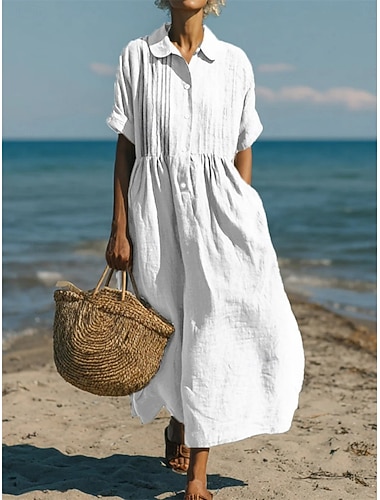  Damen Midikleid Kunstbaumwollleinen Hemdblusenkleid Kaftan Kleid Mode Modern Täglich Outdoor Urlaub Normale Passform Einfach Kurzarm Hemdkragen Blau Schwarz Weiß Gelb Sommer Frühling