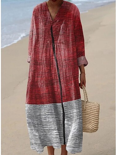  Dames Maxi-jurk Zonnejurk Hemdjurk Vakantie Casual Strand Uitgaan Ruim Passend Grafisch Geometrisch Abstract Lange mouw V-hals bordeaux Oranje rood Fuchsia Zomer Lente Herfst