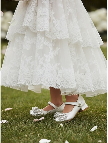  Barnesko med perlemorrem og Mary Jane-motiv til blomsterpiker, lav blokkhæl, strass-sløyfedetaljer og mykt fôr, elegante prinsessesko til jenter, perfekte sko til bryllupsblomsterpiker til seremonier,