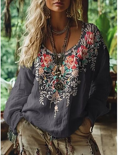  Naisten Paita Boho paita Pusero Painettu Kukka Kuvitettu Böömi Tyylikäs Klassinen Pitkähihainen V kaula-aukko Tavalliset topit Päivittäin Pyhäpäivä Bile Tumman harmaa Kesä Kevät Syksy