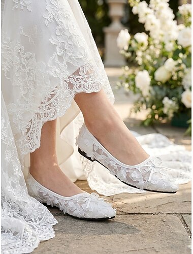  Elfenbensfargede blondesko med sløyfedetaljer til dame, elegante brudesko til utendørs hagebryllup